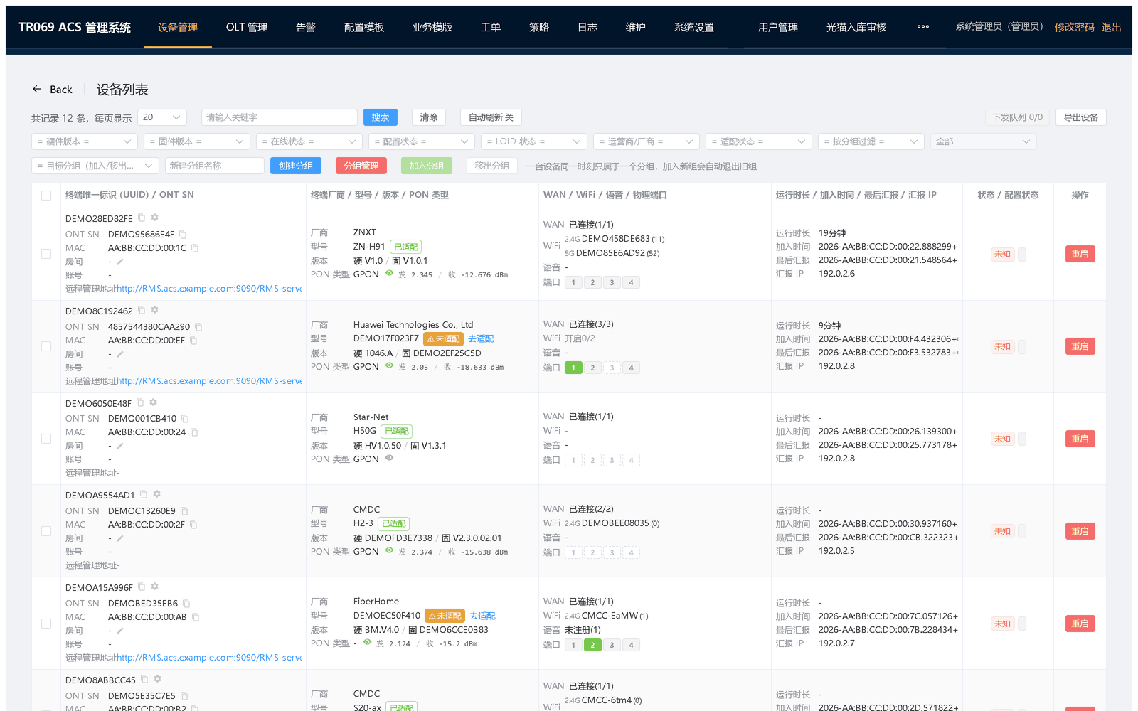设备管理列表：厂商、型号、PON 类型、运行时长、最后汇报时间与状态，右侧「操作」展开详情