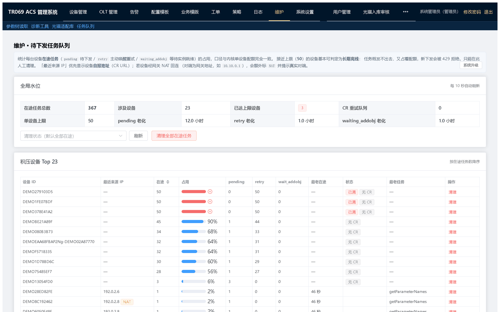 任务队列：查看下发任务的排队与执行情况，定位任务堆积与长时间未执行